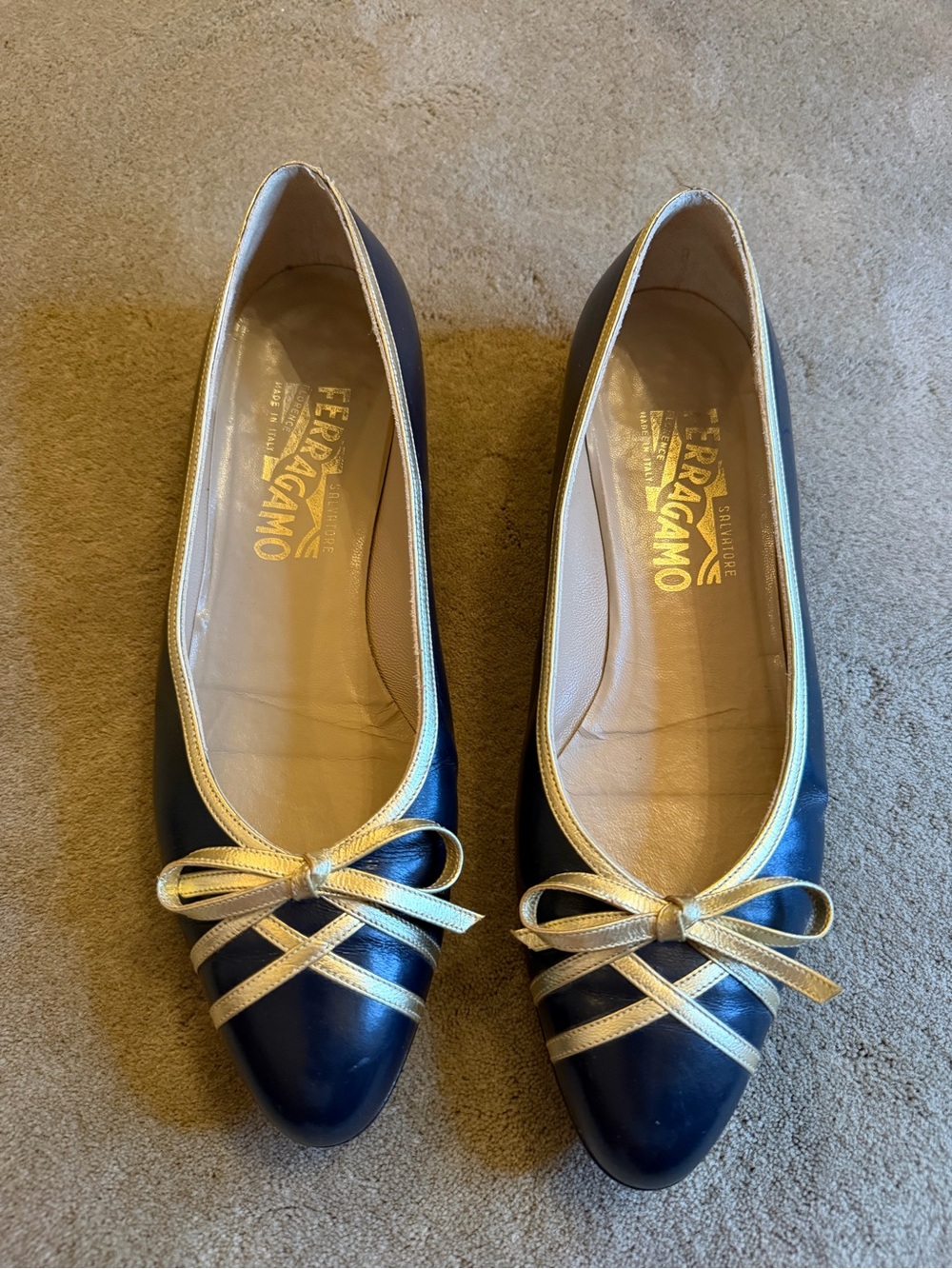 Salvatore Ferragamo Navy Leather Ballet Flats with Gold Trim